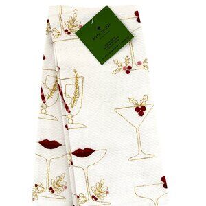 Kate Spade 2 Pc Kitchen Dish Towel Set Red Lips Martini Gold Metallic